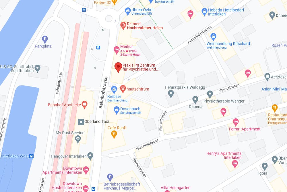Standort der Praxis im Zentrum PiZ Interlaken | Bahnhofstrasse 37 | Quelle: googlemaps
